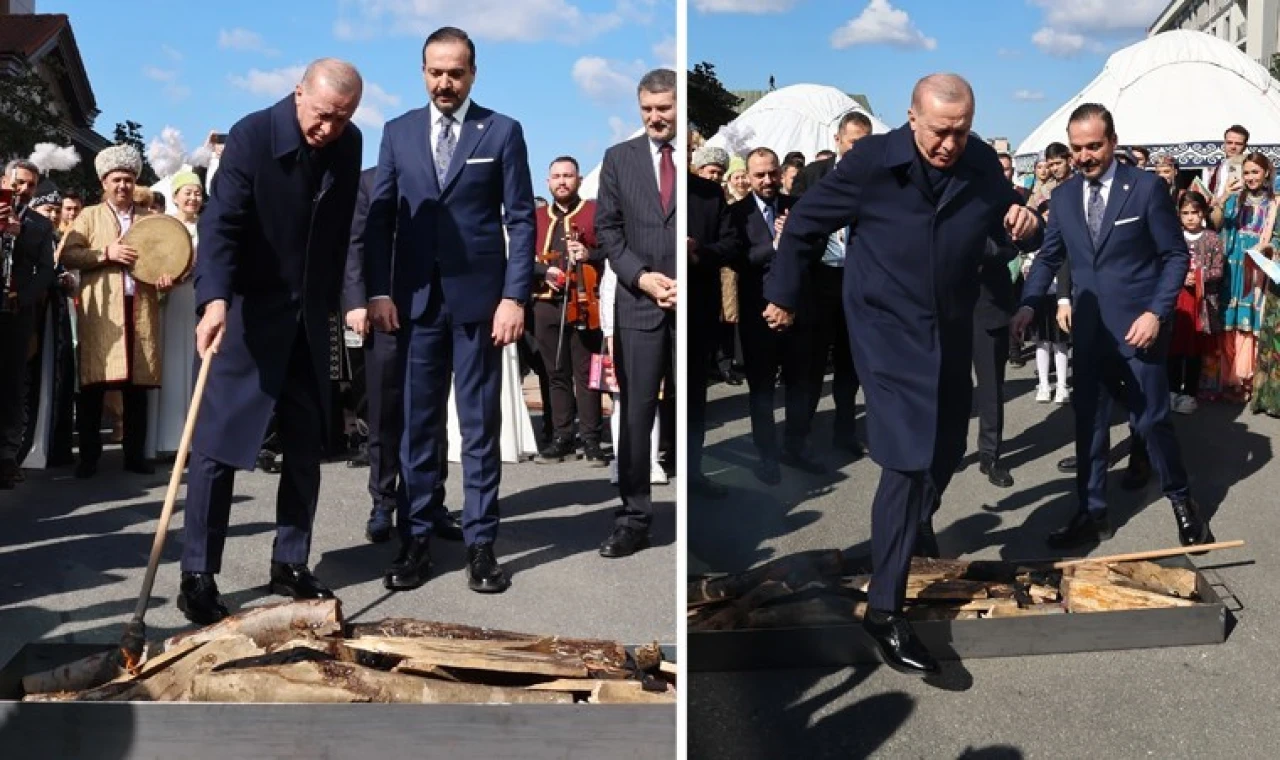 Erdoğan, Nevruz ateşini yakıp üzerinden atladı